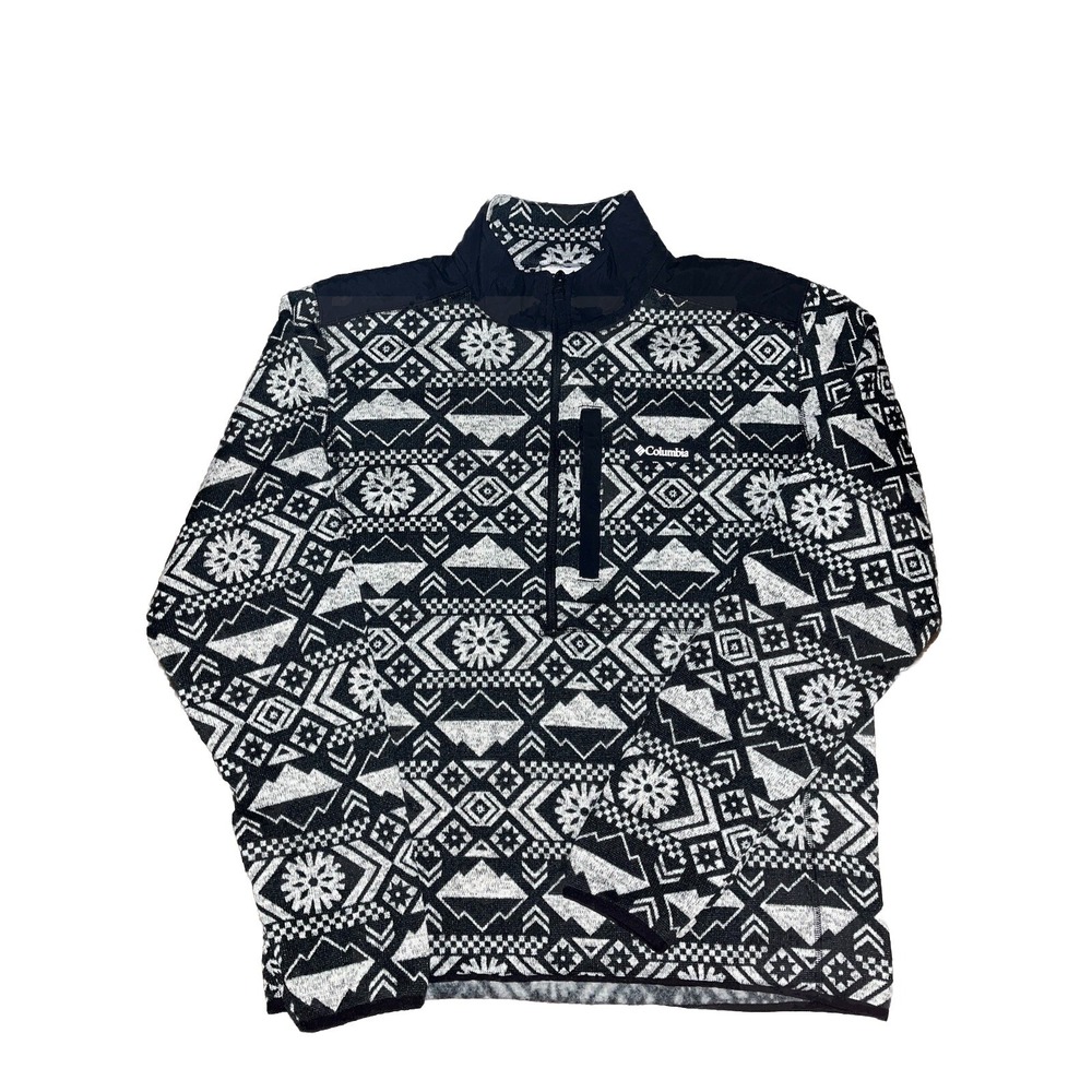 Columbia Mens Lg Black White Aztec Winter Geometric Quarter Zip Fleece Pullover